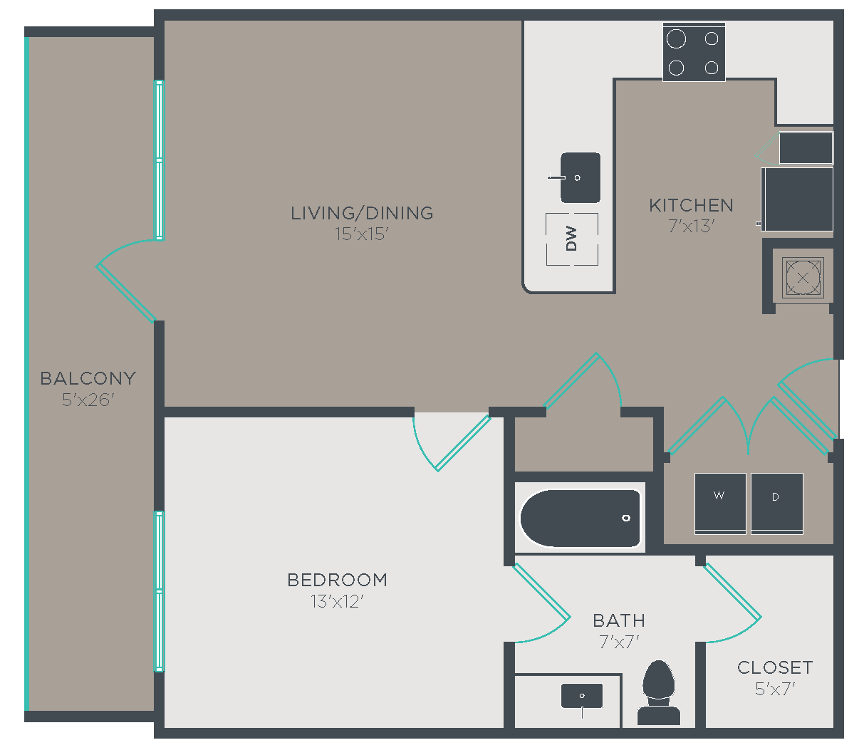 Floor plan for 1 bed, 1 bath, 713 sqft