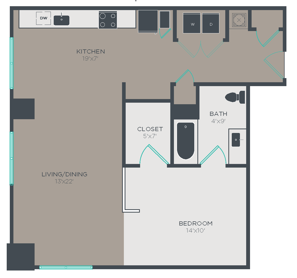 Floor plan for 1 bed, 1 bath, 757 sqft