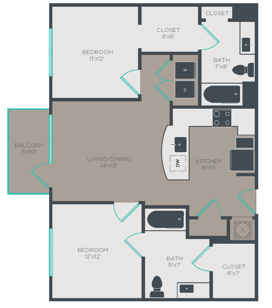 Floor plan for 2 beds, 2 baths, 962 sqft