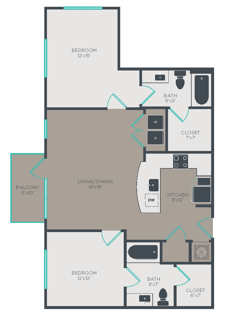 Floor plan for 2 beds, 2 baths, 1071 sqft