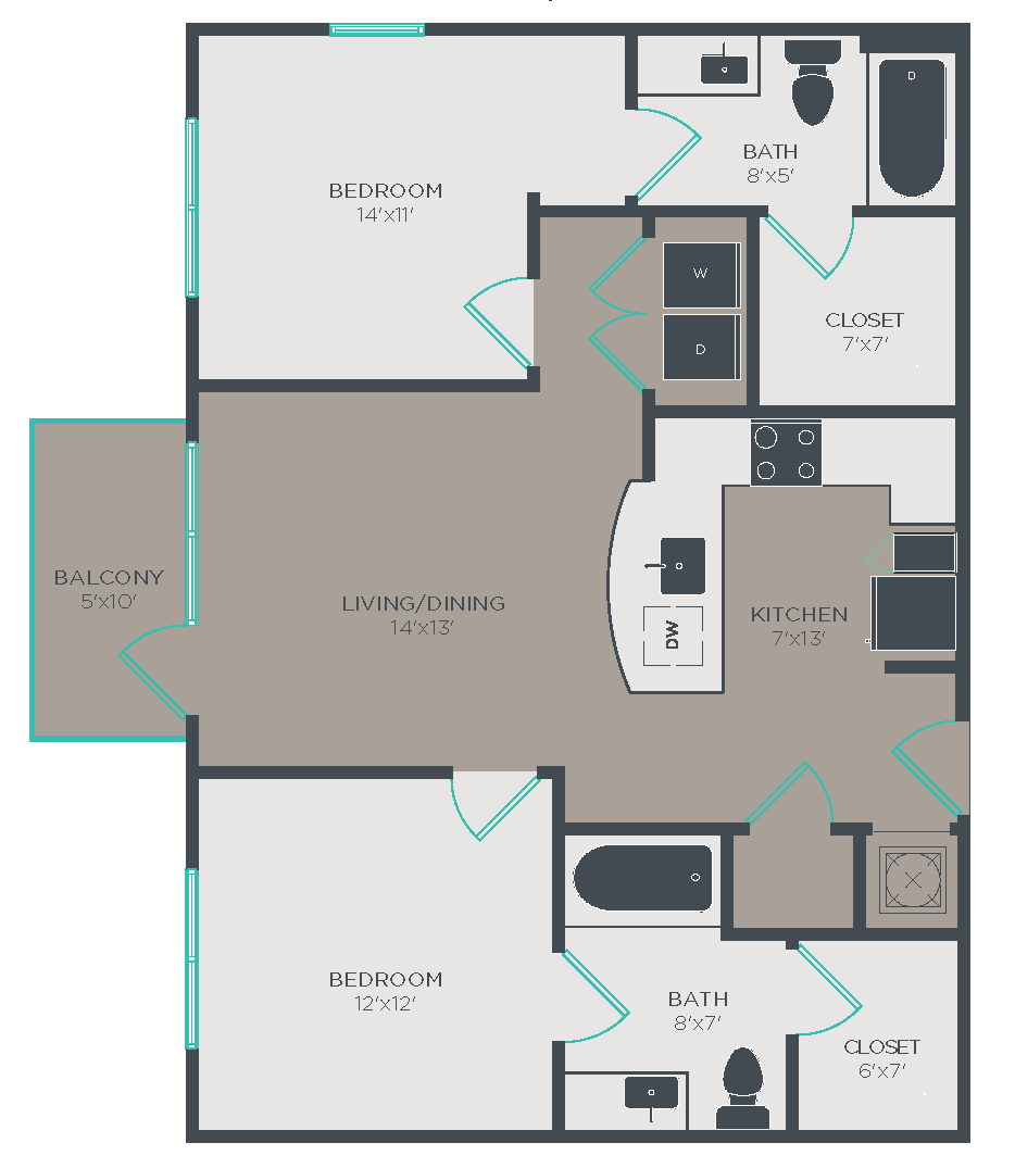 Floor plan for 2 beds, 2 baths, 962 sqft