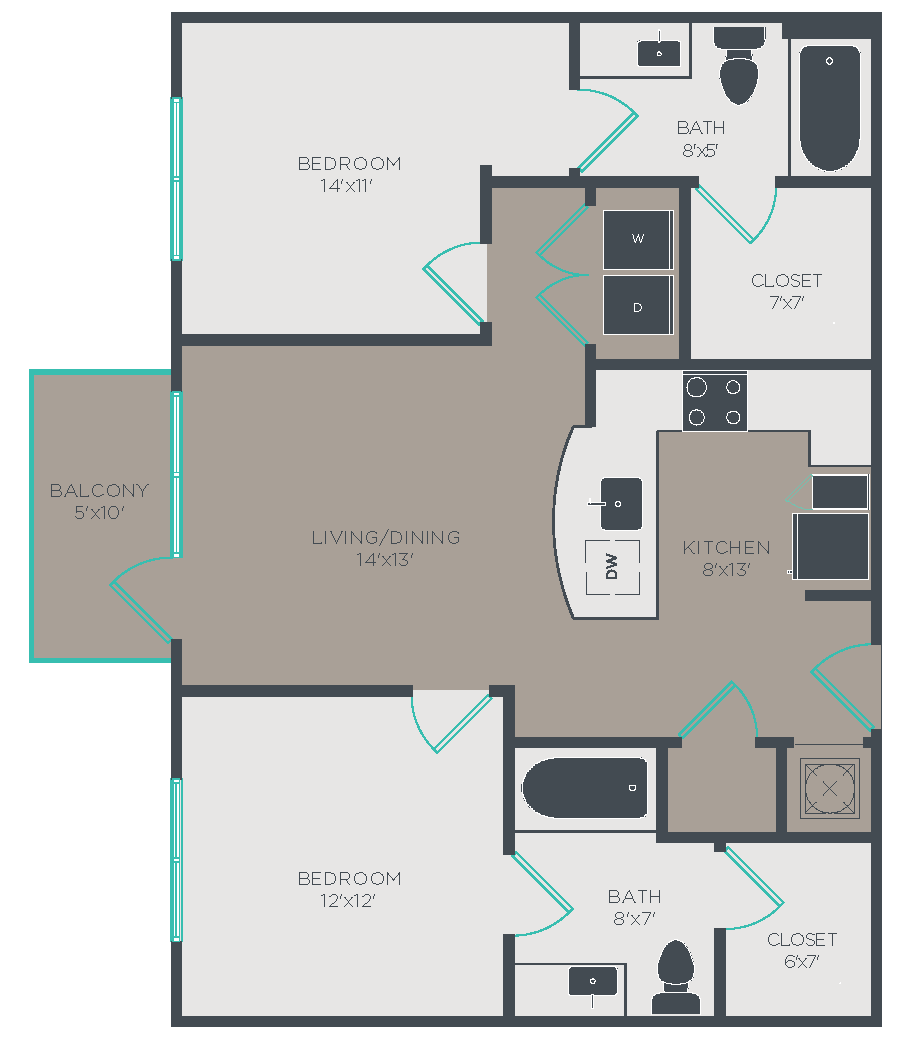 Floor plan for 2 beds, 2 baths, 962 sqft