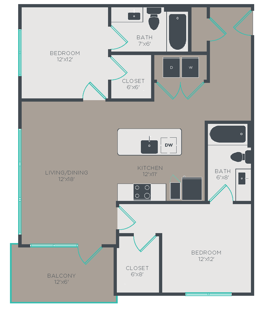 Floor plan for 2 beds, 2 baths, 1032 sqft