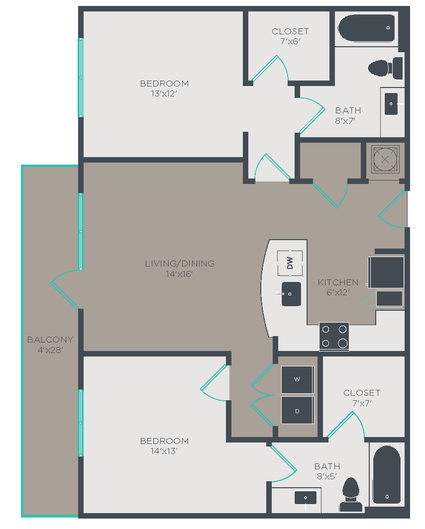 Floor plan for 2 beds, 2 baths, 1077 sqft