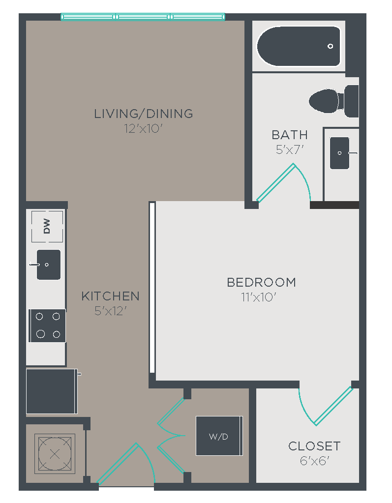 Floor plan for studio, 1 bath, 494 sqft