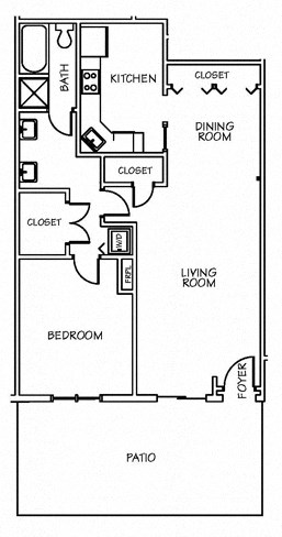 Floor plan for 1 bed, 1 bath, 804 sqft