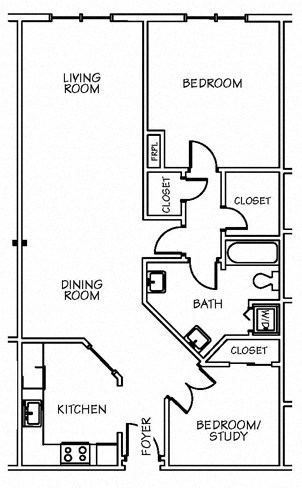 Floor plan for 1 bed, 1 bath, 1044 sqft