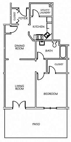 Floor plan for 1 bed, 1 bath, 805 sqft