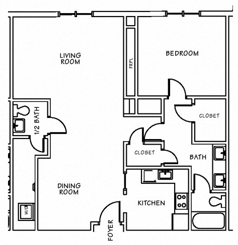 Floor plan for 1 bed, 1.5 baths, 1038 sqft