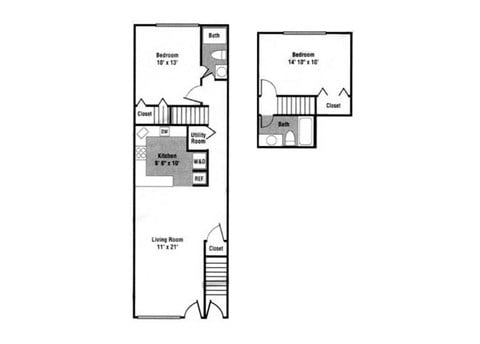 Floor plan for 2 beds, 2 baths, 960 sqft