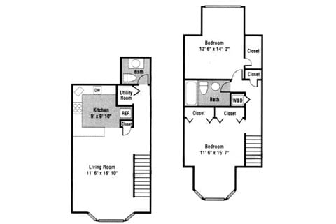 Floor plan for 2 beds, 1.5 baths, 960 sqft