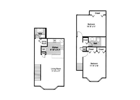 Floor plan for 2 beds, 1.5 baths, 960 sqft