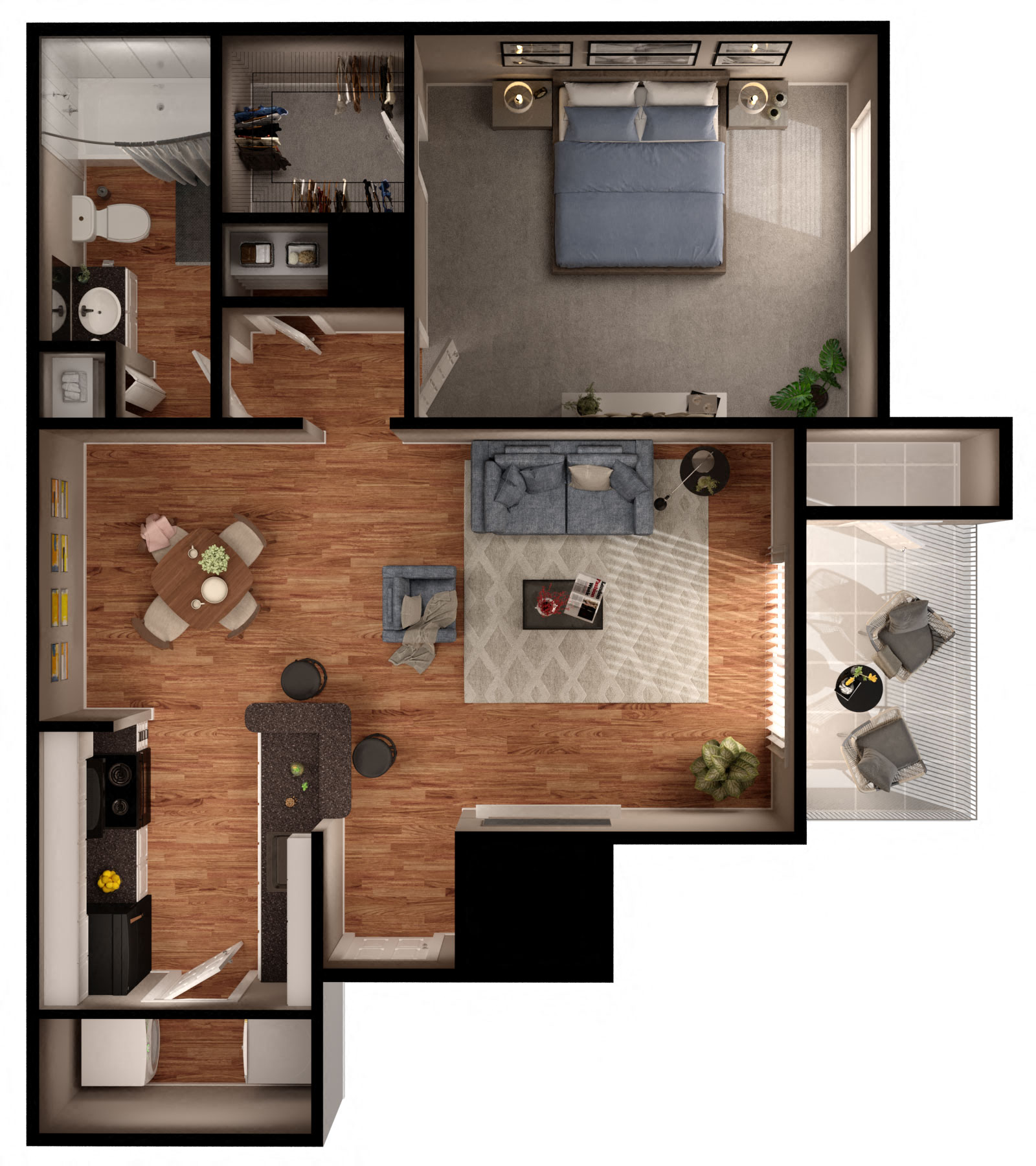 Floor plan for 1 bed, 1 bath, 689 sqft