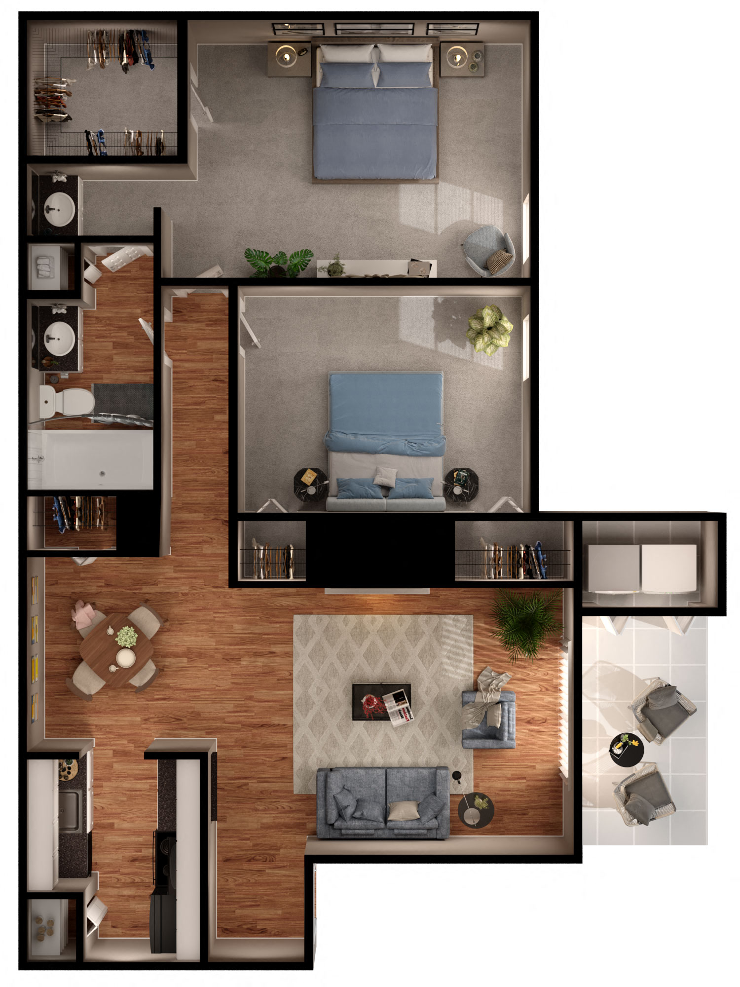 Floor plan for 2 beds, 1 bath, 899 sqft