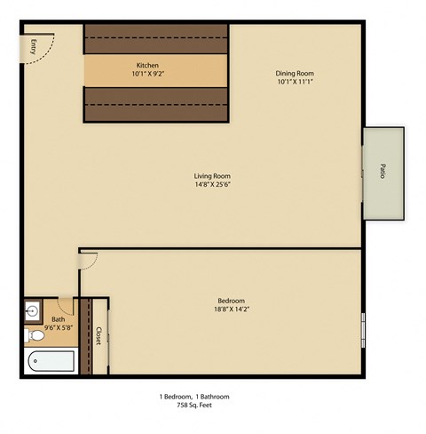 Floor plan for 1 bed, 1 bath, 875 sqft