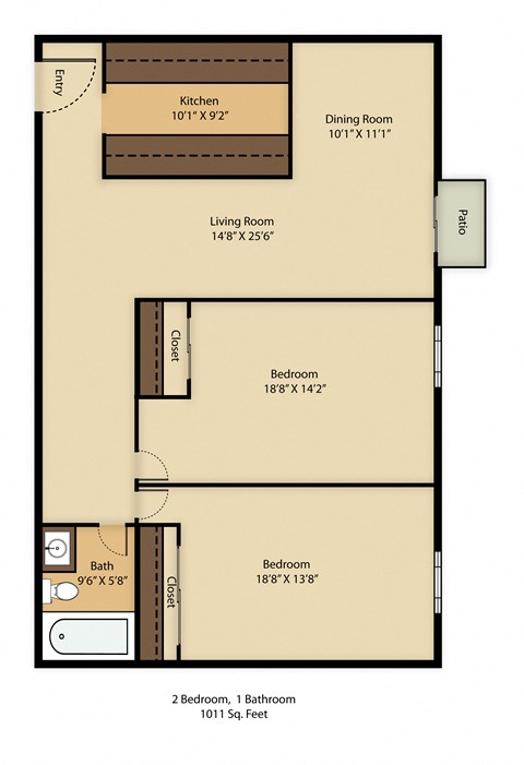 Floor plan for 2 beds, 1 bath, 1025 sqft