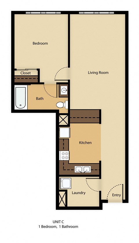 Floor plan for 1 bed, 1 bath, 694 sqft