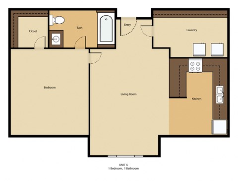 Floor plan for 1 bed, 1 bath, 635 sqft
