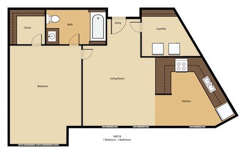 Floor plan for 1 bed, 1 bath, 653 sqft