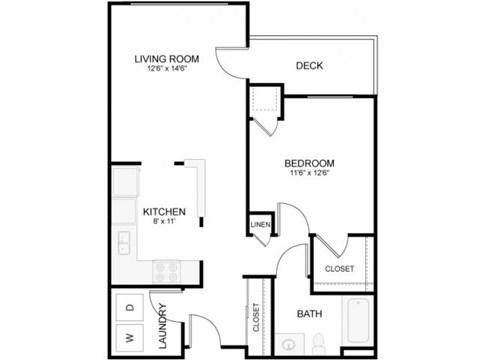 Floor plan for 1 bed, 1 bath, 700 sqft