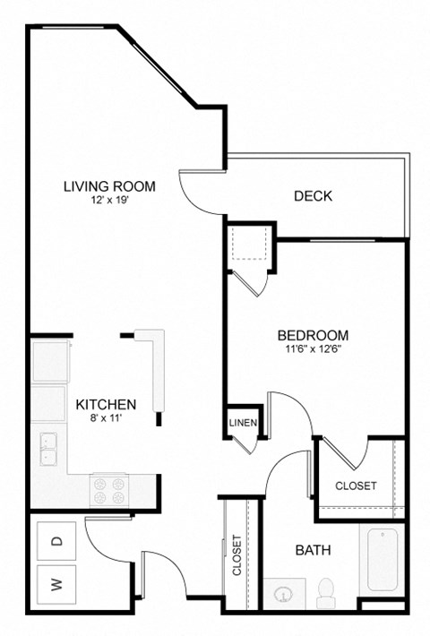 Floor plan for 1 bed, 1 bath, 750 sqft