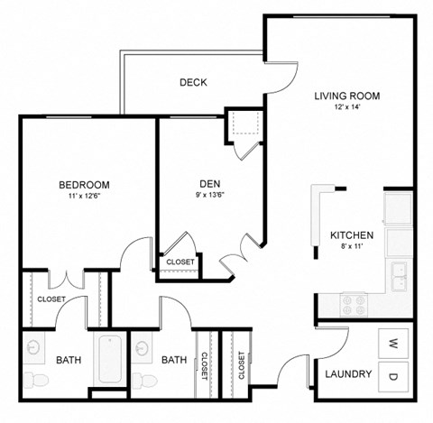 Floor plan for 1 bed, 1.5 baths, 976 sqft