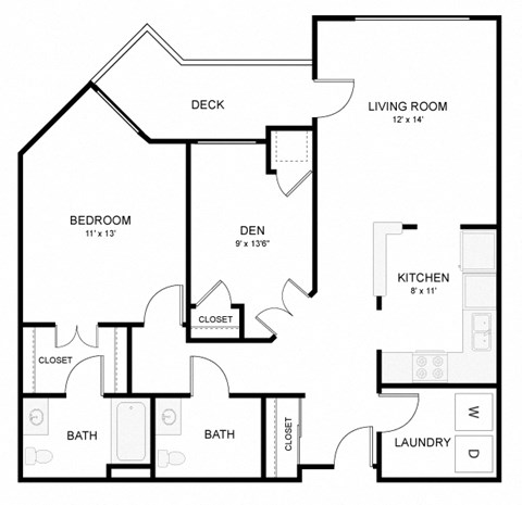 Floor plan for 1 bed, 1.5 baths, 984 sqft