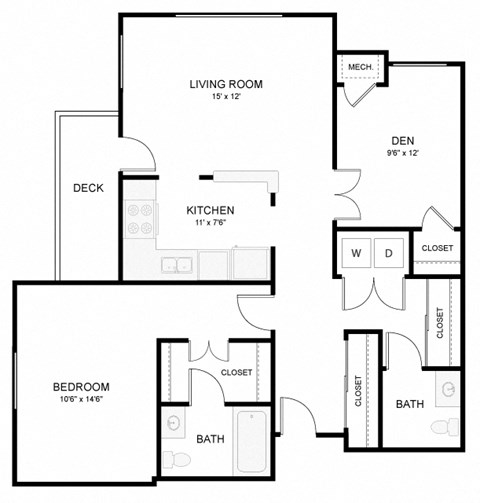 Floor plan for 1 bed, 1.5 baths, 965 sqft