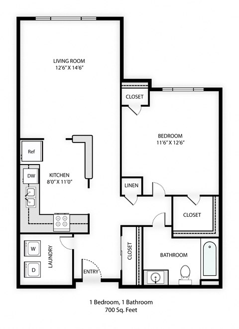 Floor plan for 1 bed, 1 bath, 700 sqft