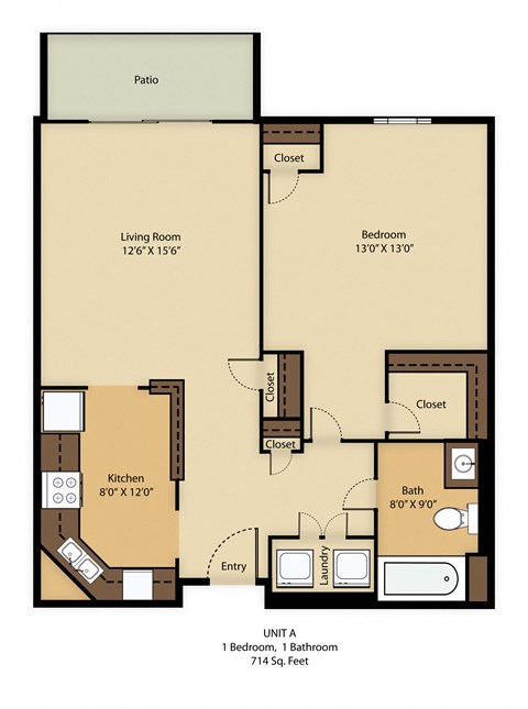 Floor plan for 1 bed, 1 bath, 714 sqft