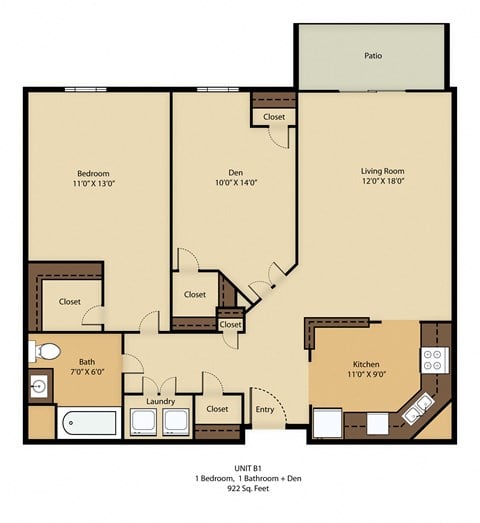 Floor plan for 1 bed, 1 bath, 922 sqft