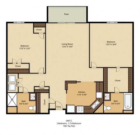 Floor plan for 2 beds, 2 baths, 1067 sqft