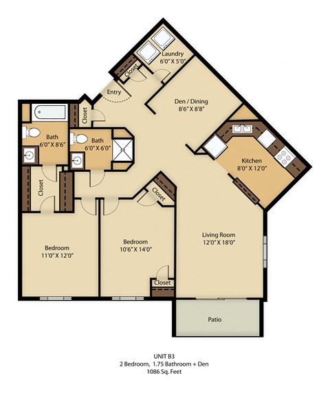 Floor plan for 2 beds, 2 baths, 1086 sqft