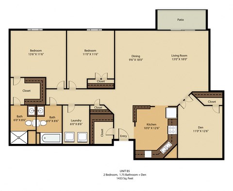 Floor plan for 2 beds, 2 baths, 1433 sqft