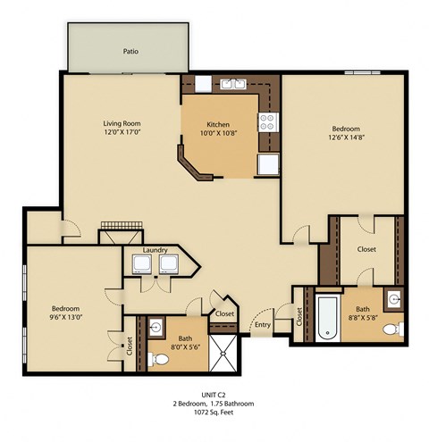 Floor plan for 2 beds, 2 baths, 1072 sqft