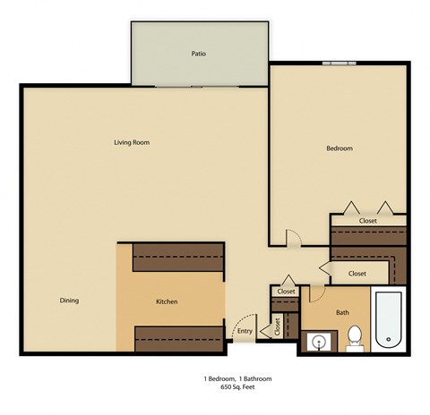 Floor plan for 1 bed, 1 bath, 640 sqft