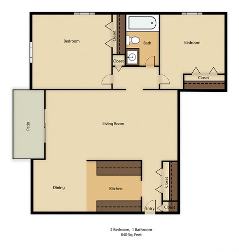 Floor plan for 2 beds, 1 bath, 840 sqft