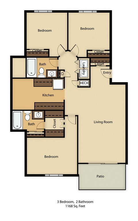 Floor plan for 3 beds, 2 baths, 1190 sqft