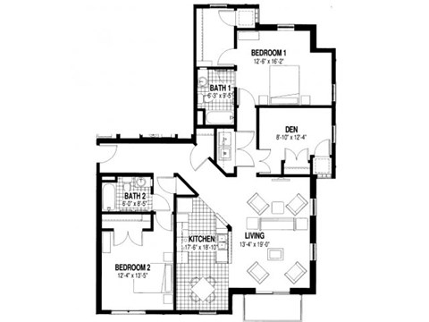 Floor plan for 2 beds, 2 baths, 1443 sqft