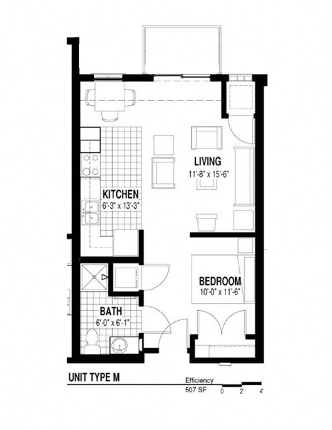 Floor plan for studio, 1 bath, 507 sqft
