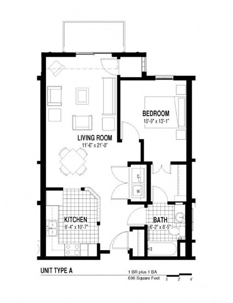 Floor plan for 1 bed, 1 bath, 696 sqft