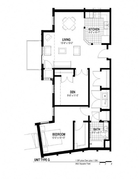 Floor plan for 1 bed, 1 bath, 962 sqft