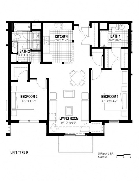 Floor plan for 2 beds, 2 baths, 1020 sqft
