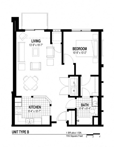 Floor plan for 1 bed, 1 bath, 705 sqft