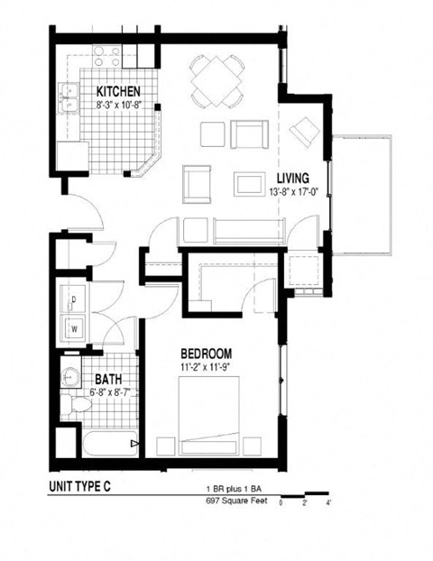 Floor plan for 1 bed, 1 bath, 697 sqft