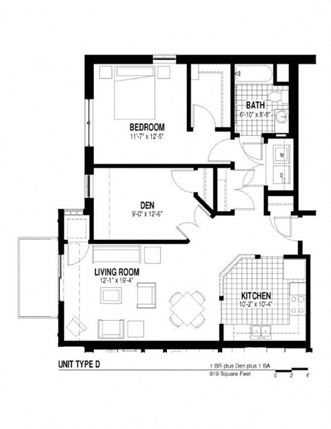 Floor plan for 1 bed, 1 bath, 919 sqft