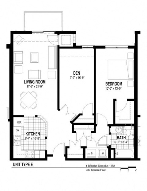 Floor plan for 1 bed, 1 bath, 939 sqft