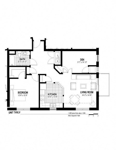 Floor plan for 1 bed, 1 bath, 962 sqft