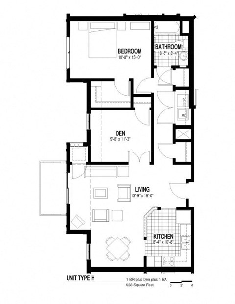 Floor plan for 1 bed, 1 bath, 938 sqft