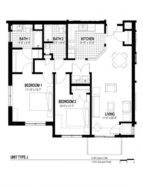 Floor plan for 2 beds, 2 baths, 1041 sqft